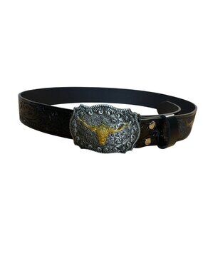 Western Longhorn Steer Embossed Leather Belt Metal Buckle Cowboy Black XL XXL?